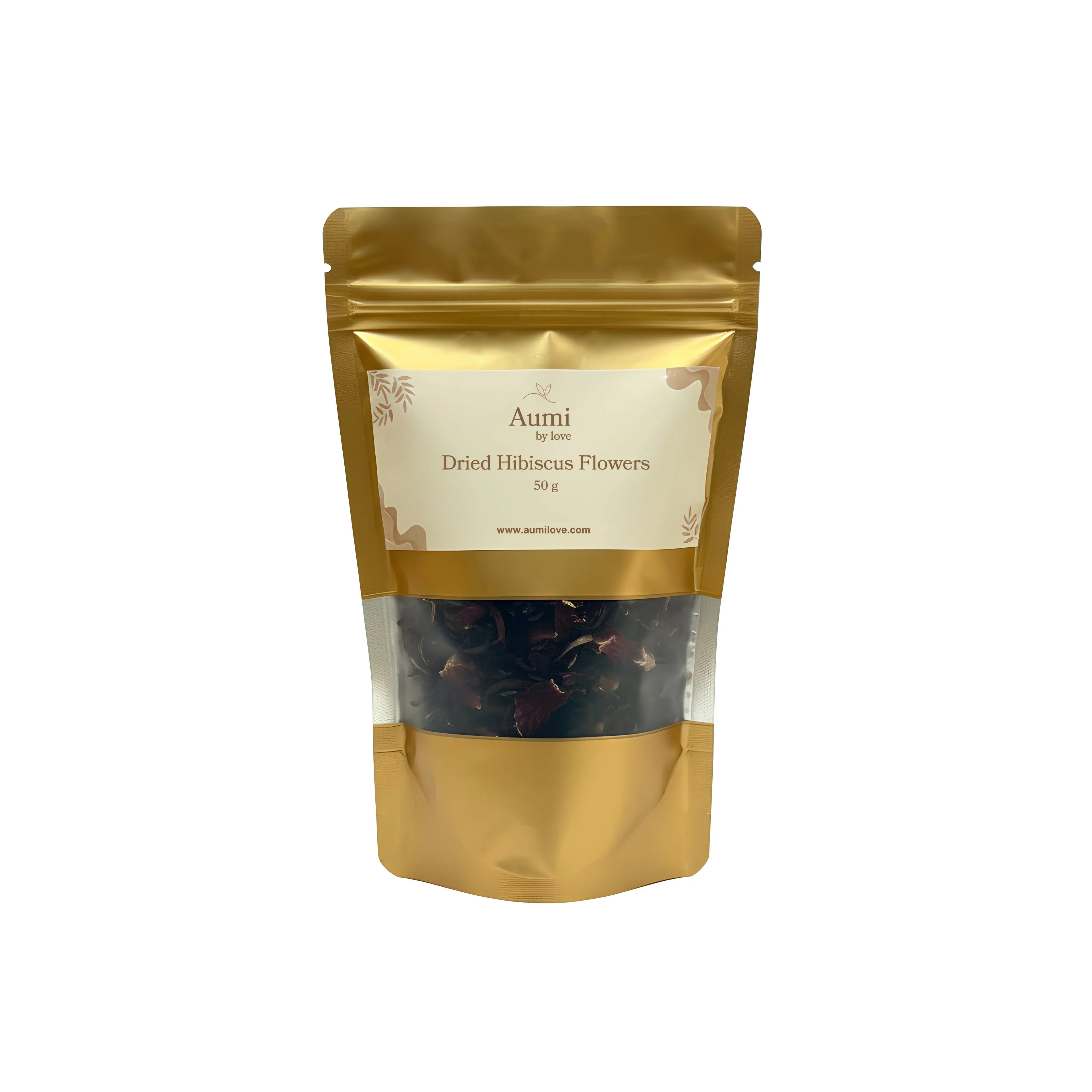AumibyLove dried hibiscus flowers in gold resealable pouch, 50g organic skincare ingredient
