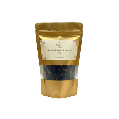 AumibyLove dried hibiscus flowers in gold resealable pouch, 50g organic skincare ingredient