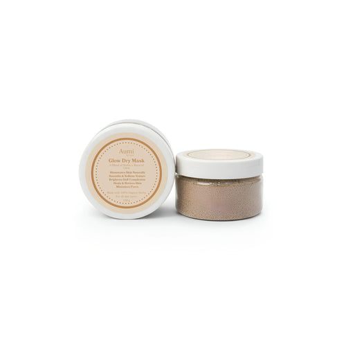 AumibyLove Glow Dry Mask in clear jar with white lid, organic skincare powder product