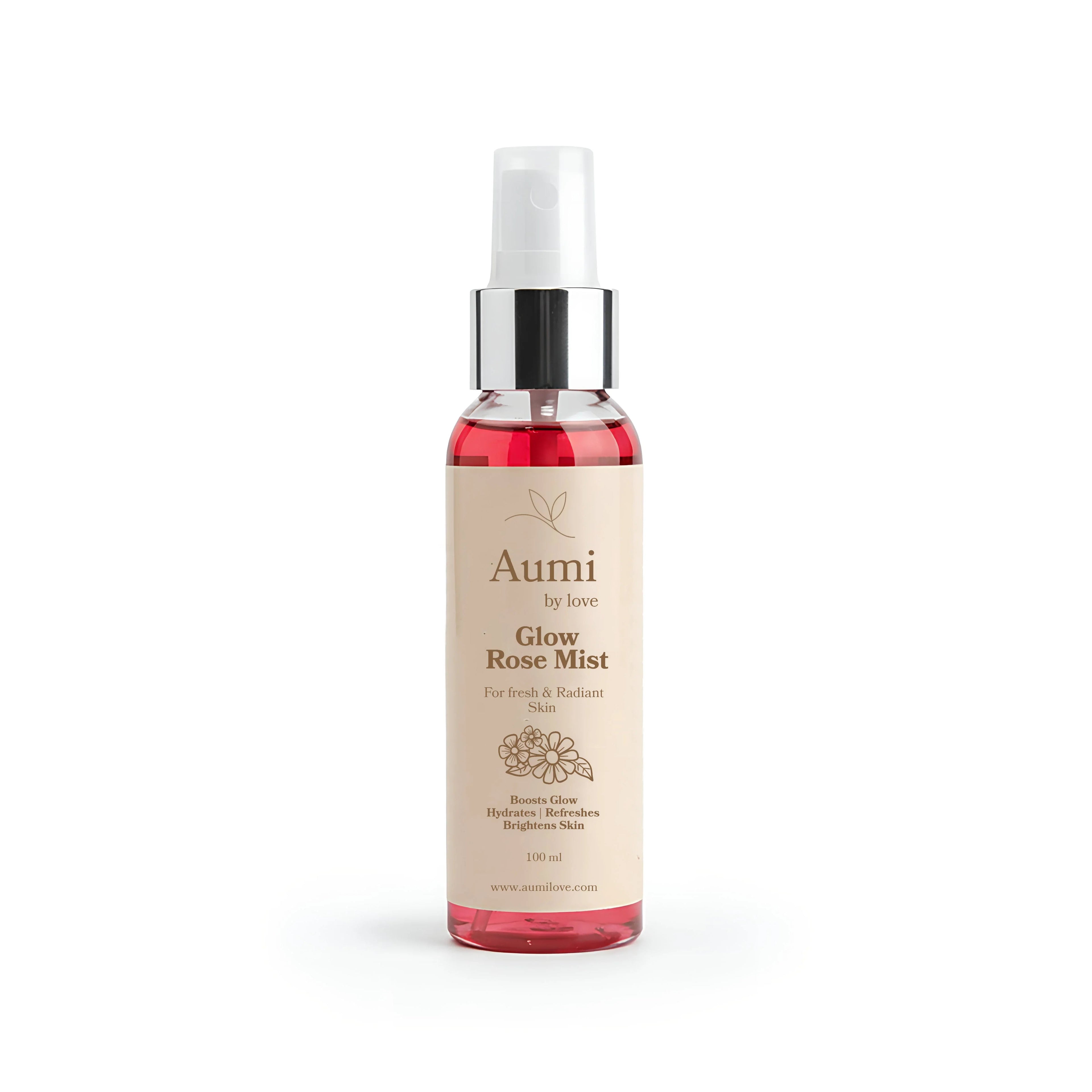 AUMI by Love Glow Rose Mist organic skincare spray bottle for radiant, hydrated skin