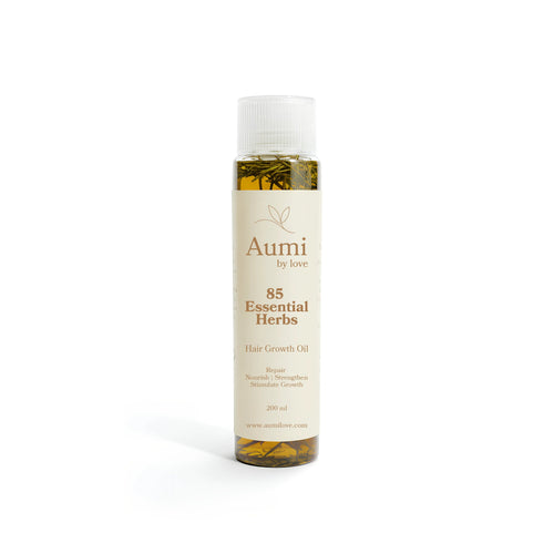 AumibyLove 85 Essential Herbs Hair Growth Oil bottle, organic herbal skincare product