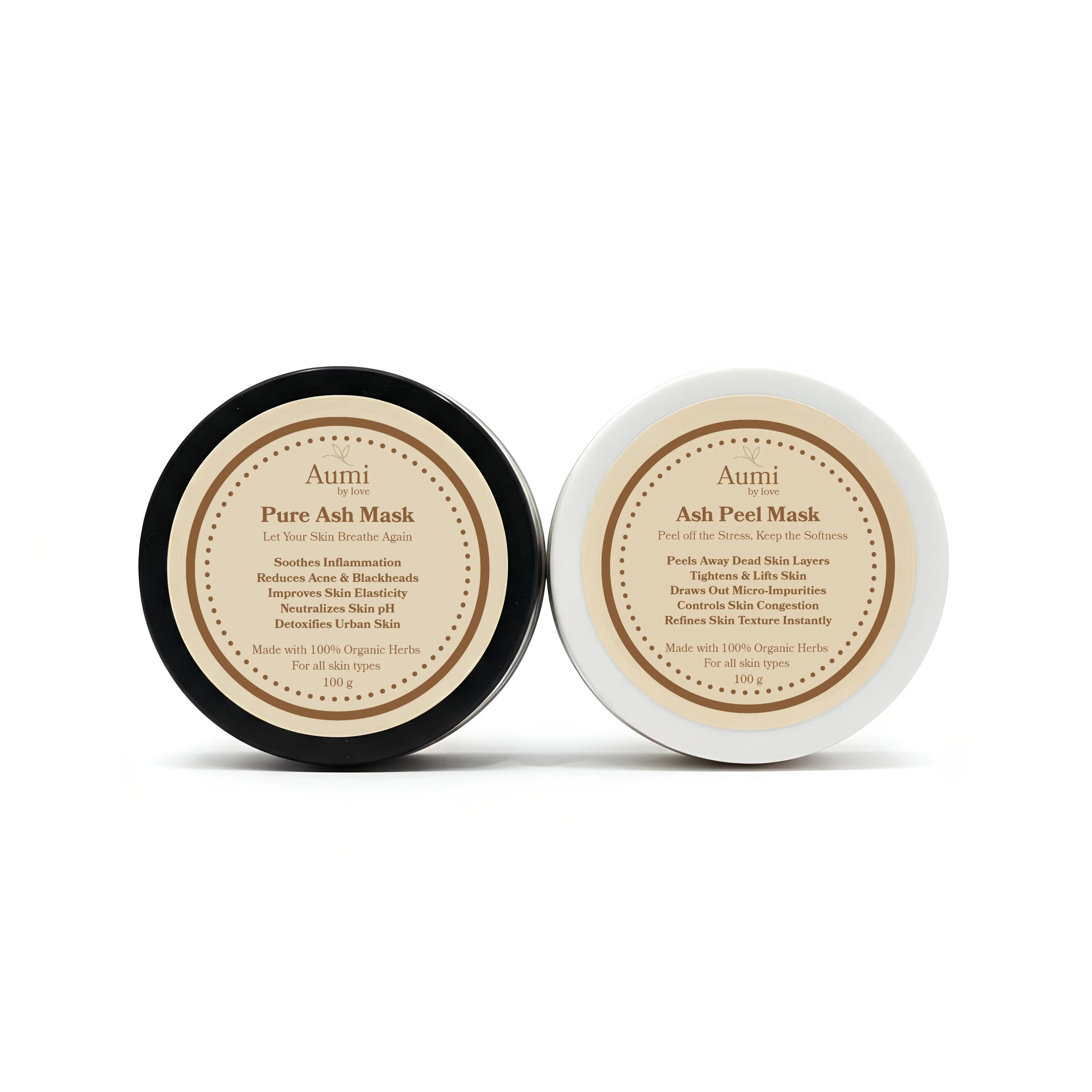AumibyLove Pure Ash Mask and Ash Peel Mask organic skincare products on white background
